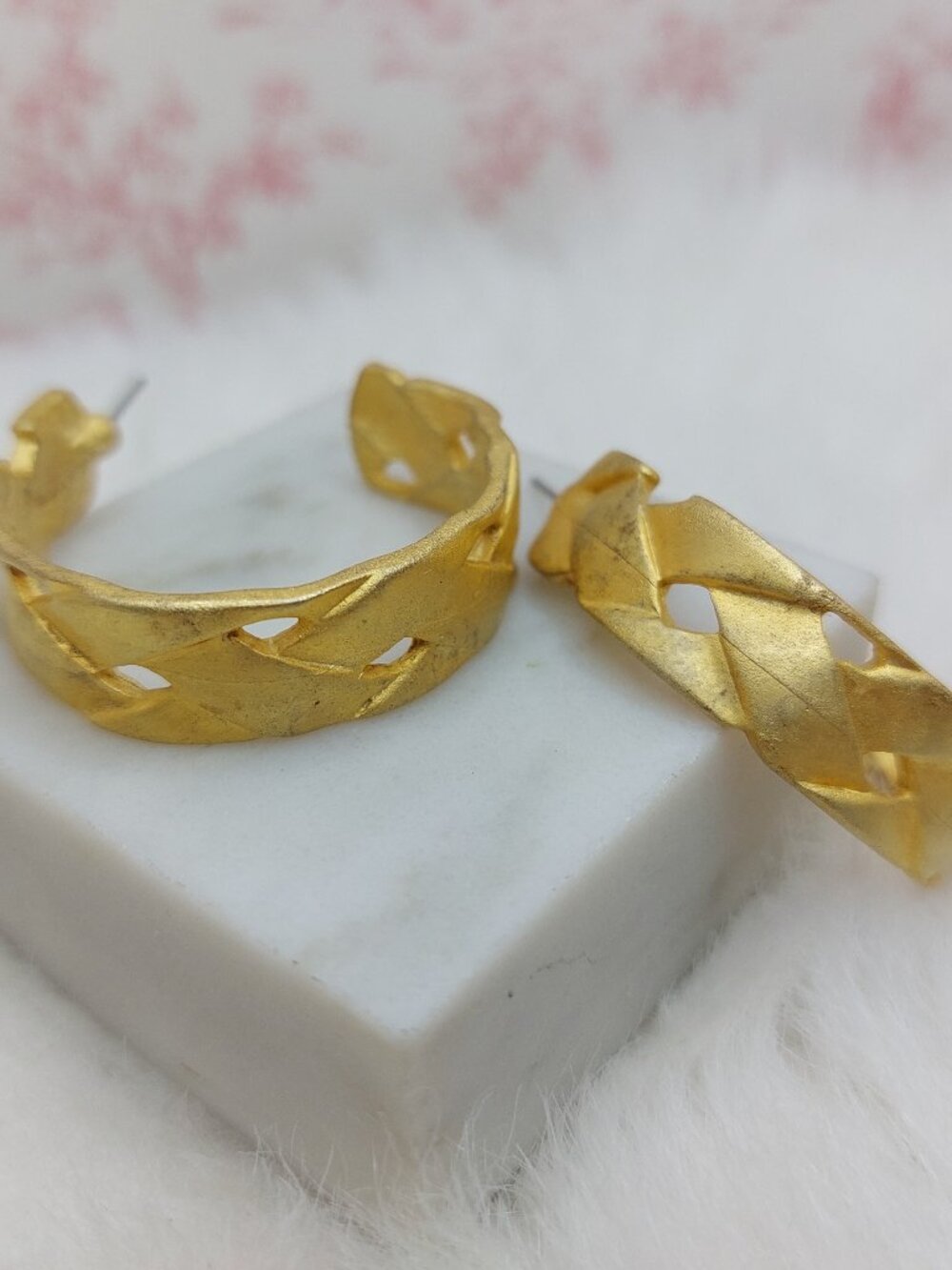 Vintage Gold-tone 1.25" wide Textured Metal Post Hoop  Earrings